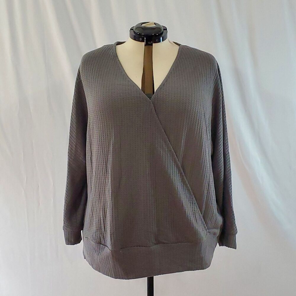Bloomchic Waffle Knit Wrap Shirt Women's 3X Gray Long Sleeve V-Neck NWT